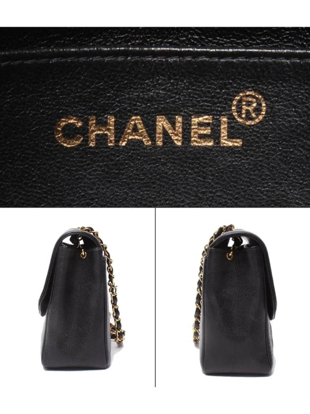 Chanel Chain Shoulder Bag Gold Diana Flap Quilted Caviar Leather